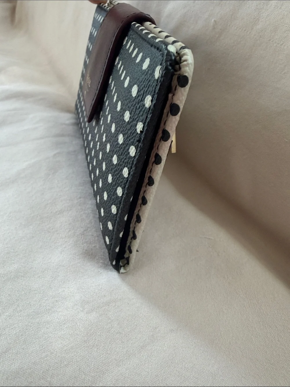Fossil Logan Polka Dot Leather Trim Slim Tab Clutch Wallet